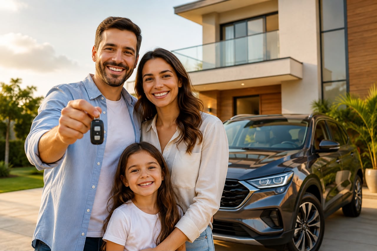 Família recebendo as chaves do carro novo em frente à casa
